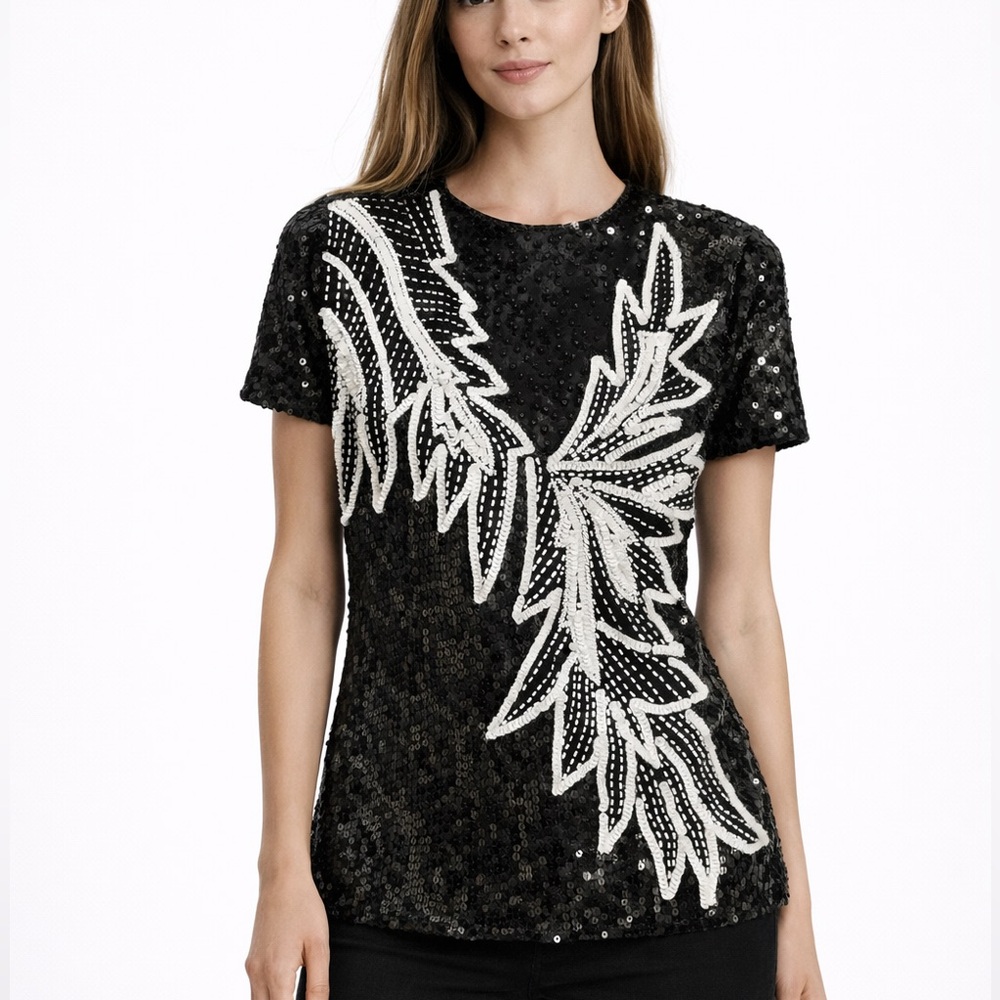 B89. STENAY %100  Silk  Black and White Sequin Embellished Top